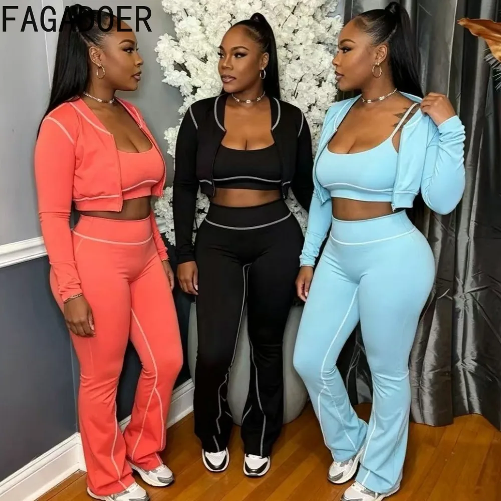 FAGADOER Women 3 Piece Tracksuit Set Zip Up Long Sleeve Jacket Crop Tank Top Flare Pants Casual Sporty Activewear Outfit New