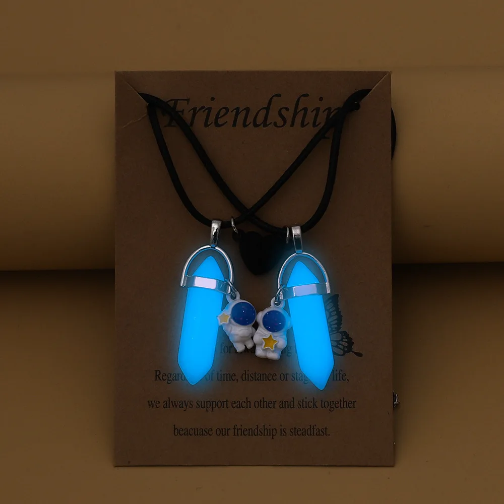 2pcs Set Cute Noctilucent Crystal Column Spaceman Heart Magnetic Buckle Pendant Couple Necklace for Women Men Friendship Gift