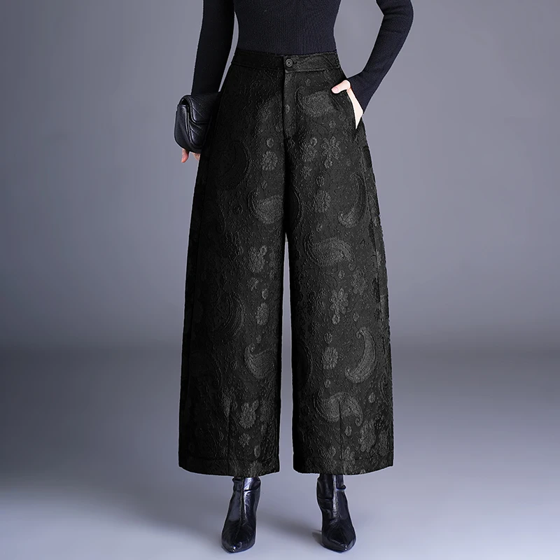 Fashionable Embossed Floral Wide Leg Pants Women's Autumn Winter New Style Casual Nine Points Flower Bud Pants Chinese Style