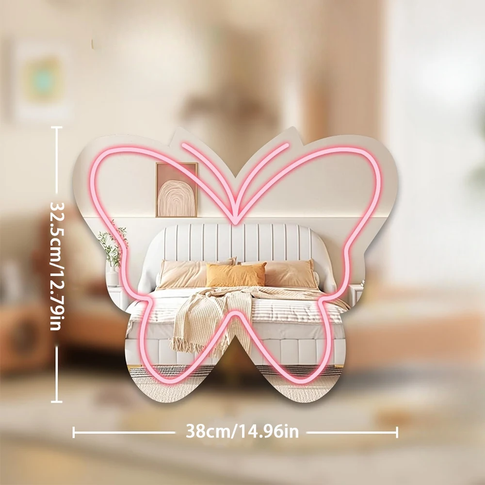 Butterfly-Shaped Neon Sign Make Up Mirror Wall Hanging Light USB Powered Girls Dressing Table Decor For Bedroom Beauty Room