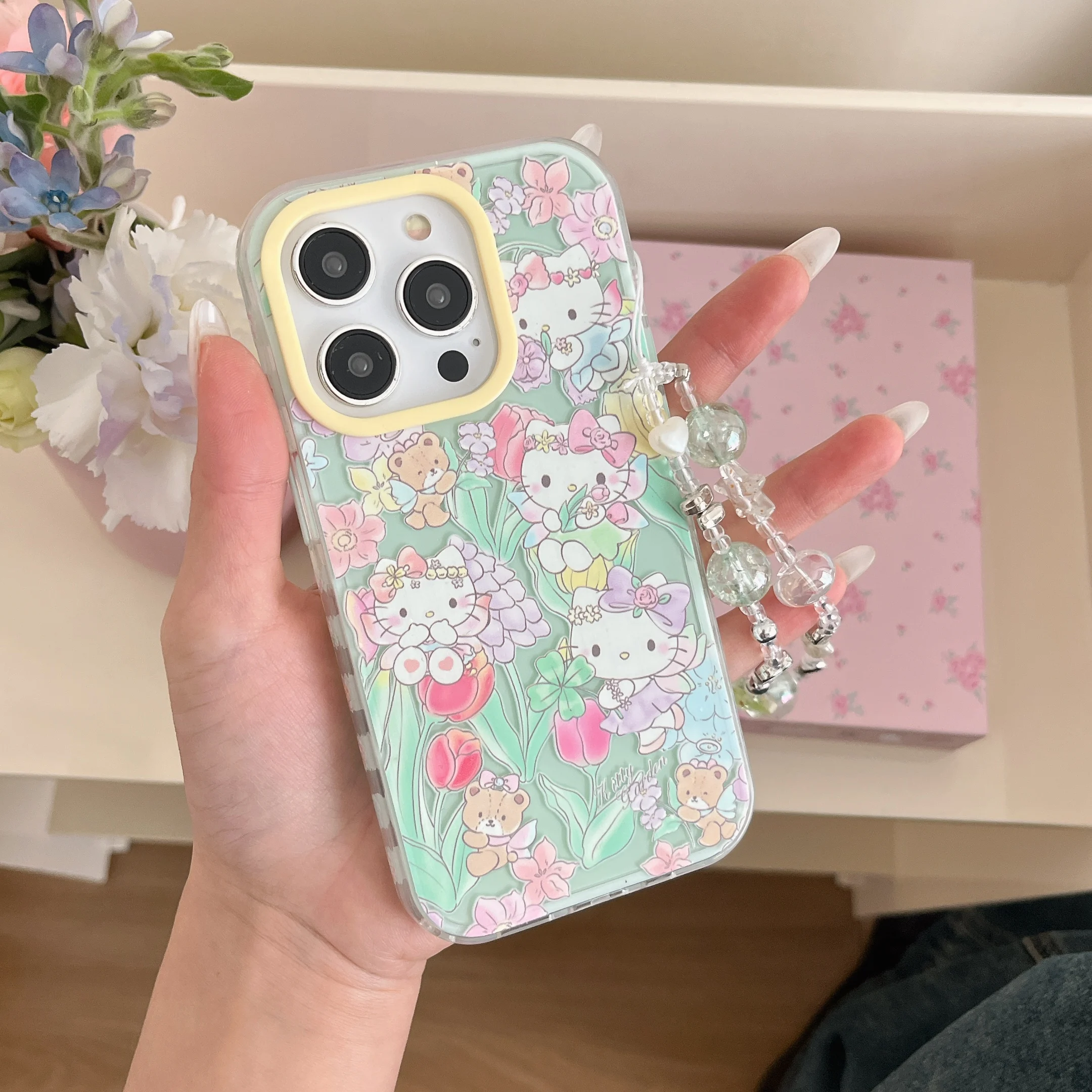 Luxury Pretty Tulip Hello Kitty Cartoon Soft Silicone Phone Case for iPhone 13 14 15 16Pro Max Crystal Glitte Wrist Strap