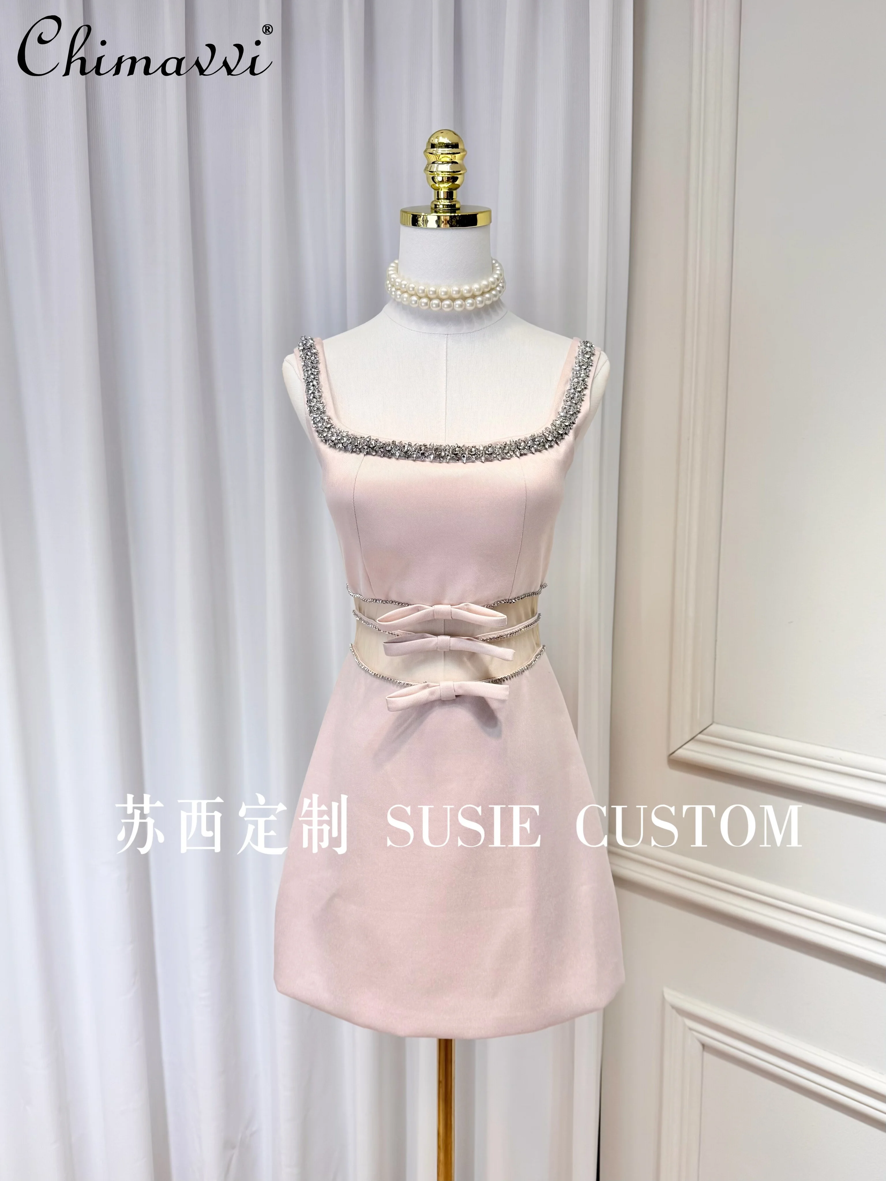 

French Elegant High-End Rhinestone Square Neck Sleeveless Mesh Bow High-Waist Slim Birthday Party Evening Short Dress for Women