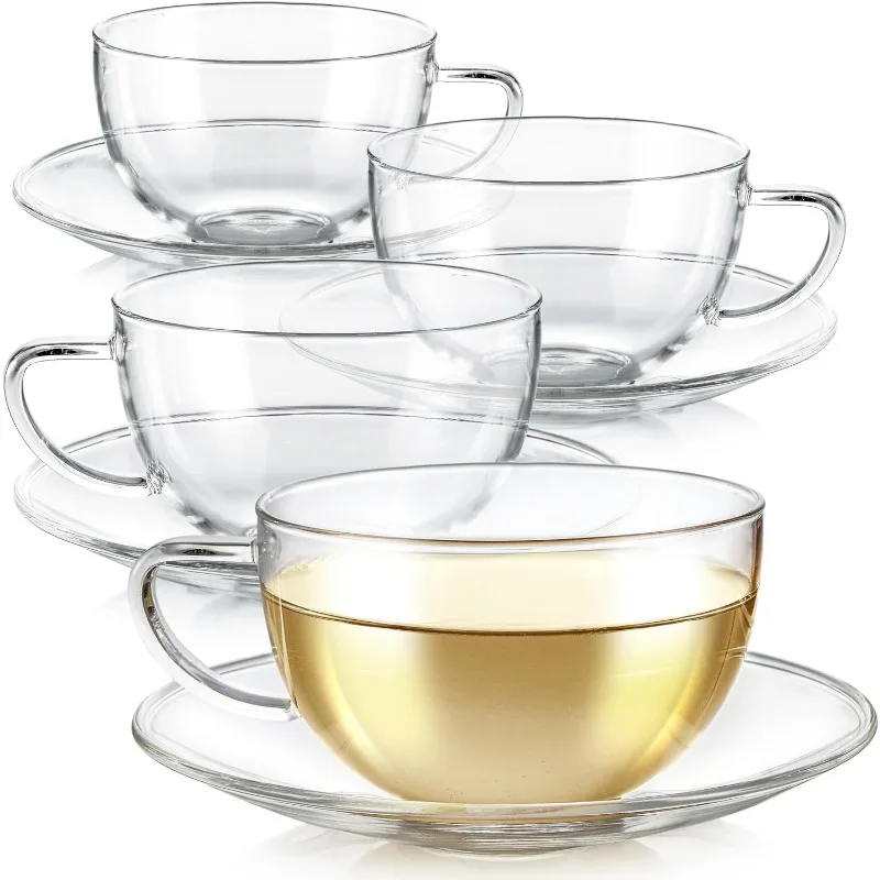 Kyoto Teacup and Saucer Set 4-Pack – 12 OZ/ 350 ML Capacity – Premium Borosilicate Glass – Heat Resistant, Microwave Safe