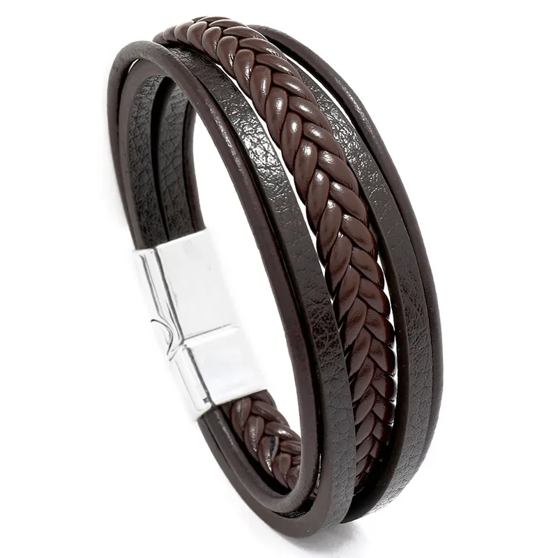 Charmsmic Vintage Handmade Braided Leather Bracelets For Mens Women Black Brown Color Magnetic Clasp Multilayer Wax Rope Jewelry