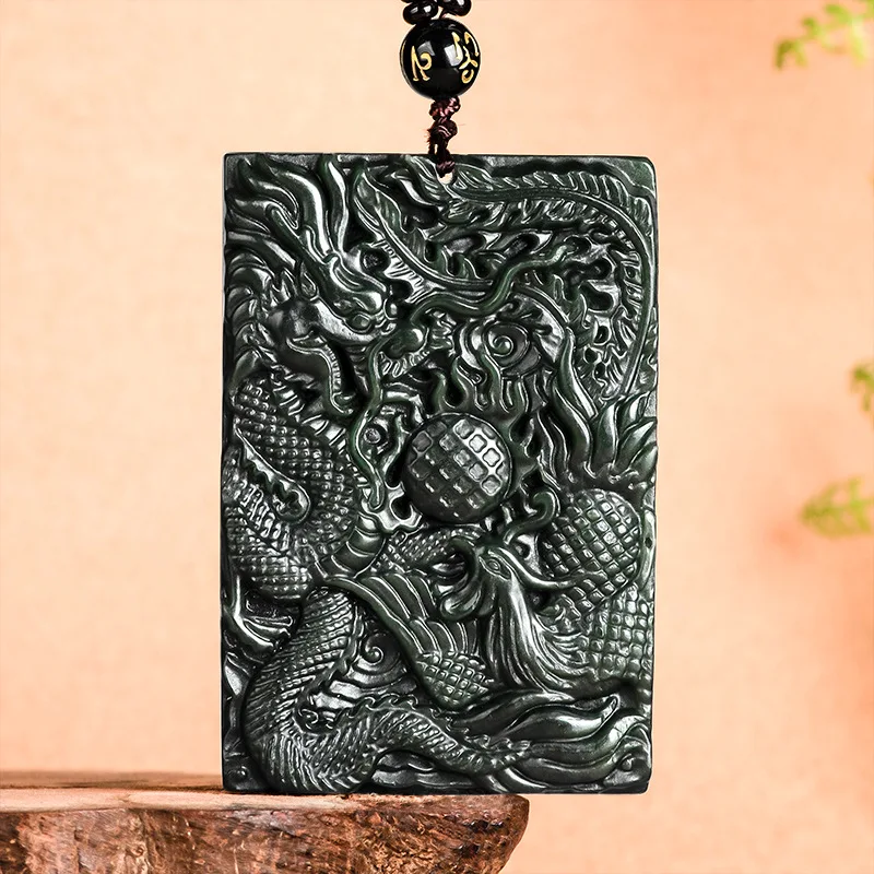

Natural Hotan Jade, black jade, dragon and phoenix brand jade pendant, dragon and phoenix bring happiness, lovers, men and women