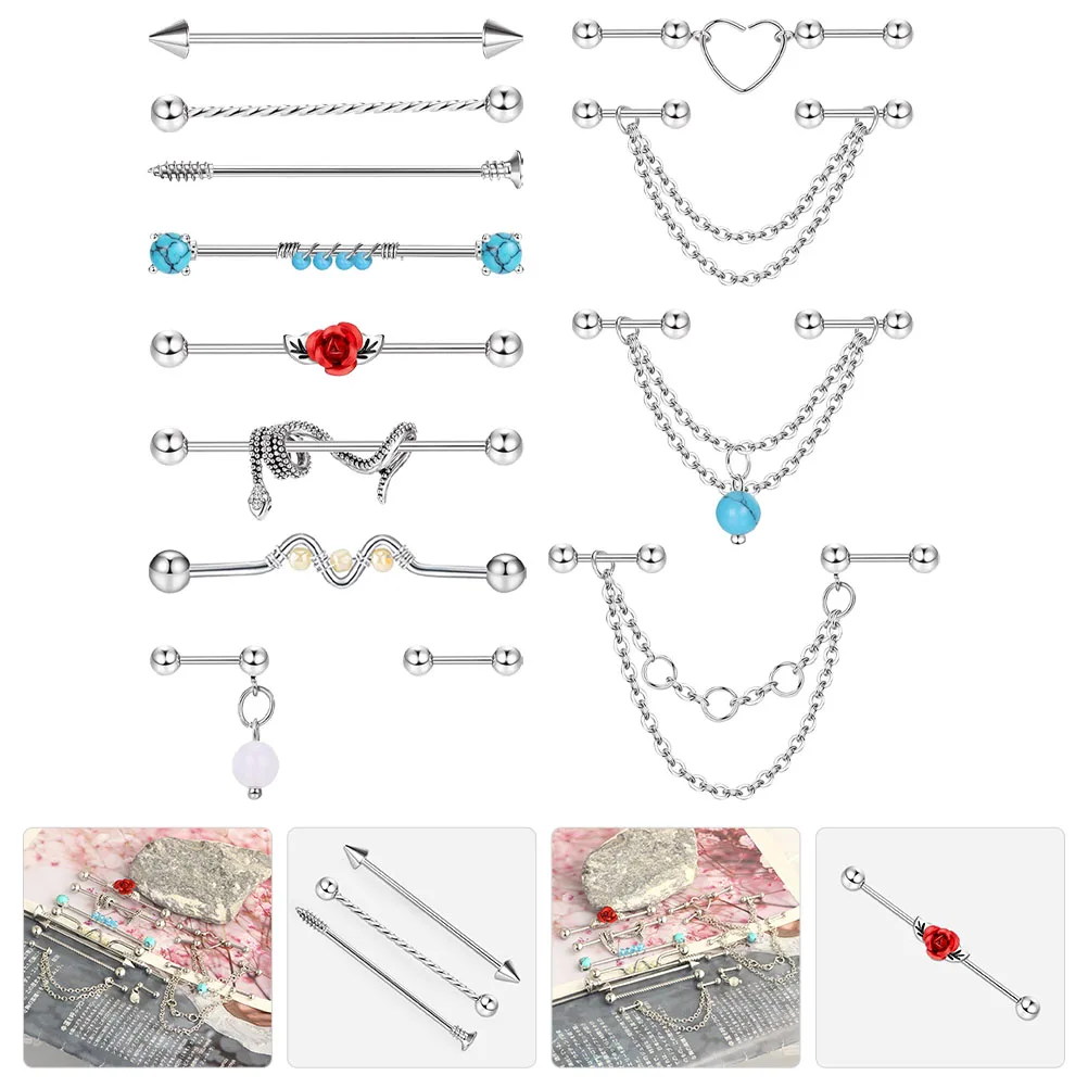 

13 Pcs Barbells Earring Piercing Jewelry Bulk Earrings Silver Industrial Chain Cartilage Set Septum