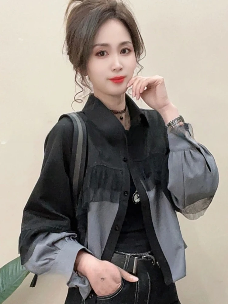 

Женская свободная куртка-жакет, осенняя новинка, с элементами комбинированного дизайна, на пуговицах, с воротником, длинный рукав