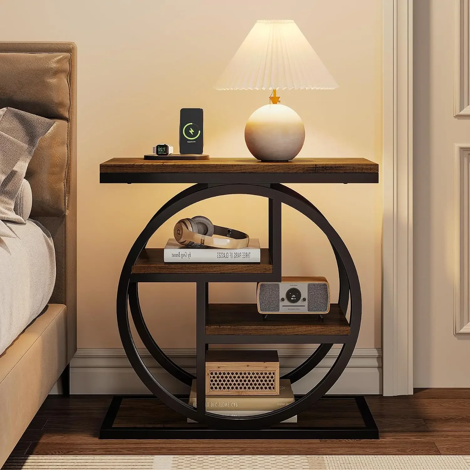 End Table for Living Room, 4-Tier Narrow Side Table with Storage Shelves, Industrial Bedside Table for Bedroom, Wood Small - view 4