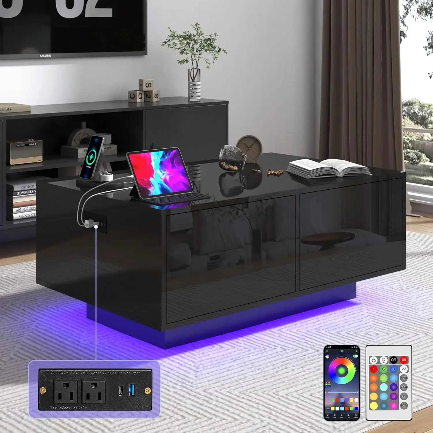 LED Coffee Table with Storage Drawers,Modern High Glossy Center Table with 20 Colors LED Lights for Living Room (Black)