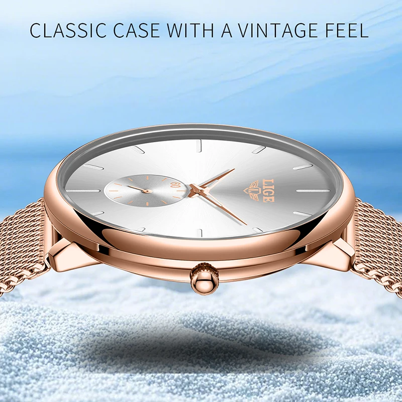 LIGE Elegant Ladies Watches Top Brand Luxury Round Rose Gold Ultra Thin Mesh Waterproof Quartz Watch For Women Relogio Feminino