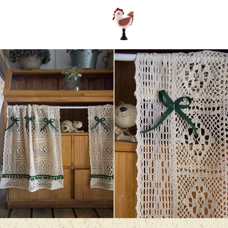 British Countryside Style Knitted Short Curtain Retro Green Pompon Sheer Thread Yarn Lace Window Valance for Living Room Kitchen