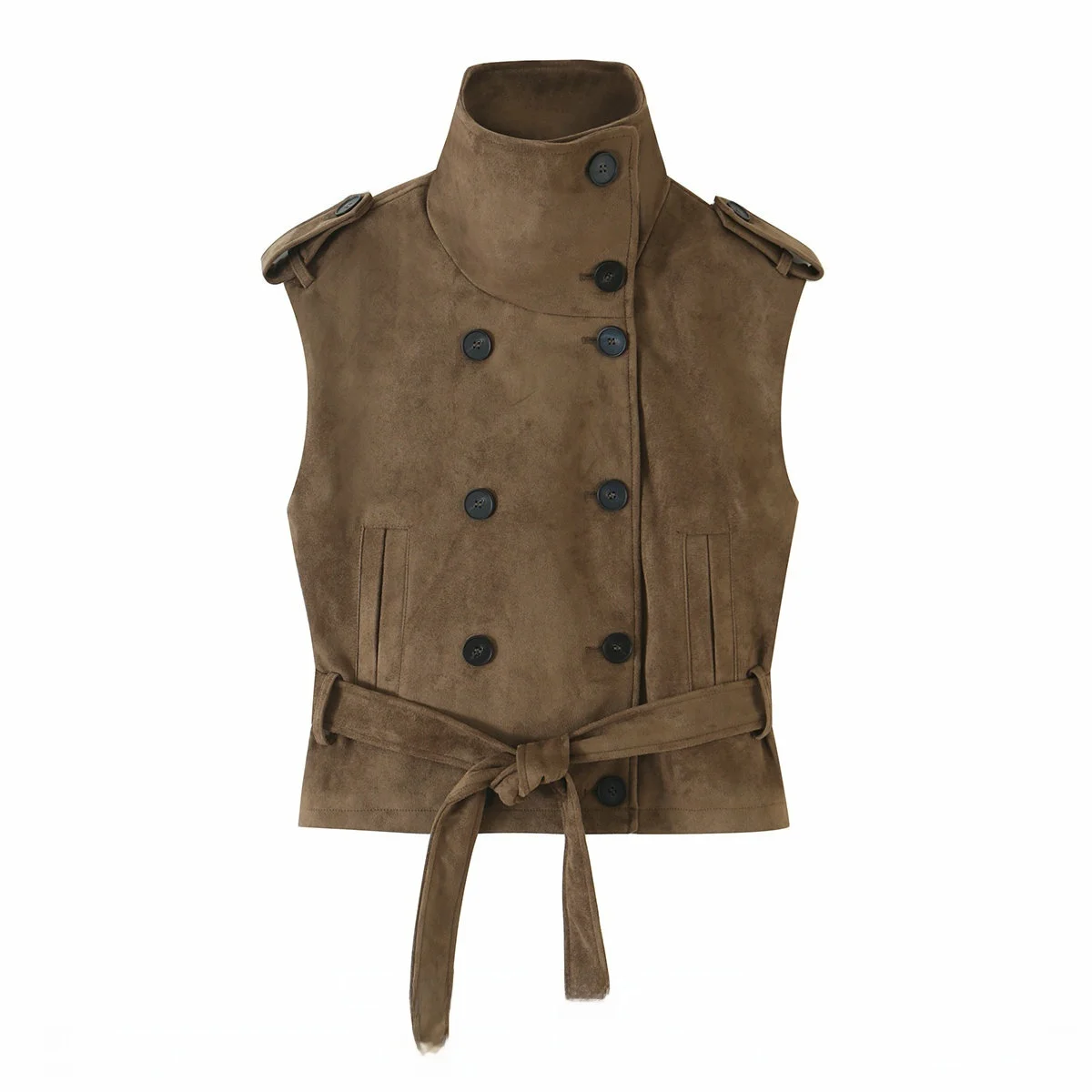 New 2026 Women's Vest Double-Breasted Stand Collar Sleeveless Belted Faux Fur Short Length Slim Fit Outerwear Autumn Season