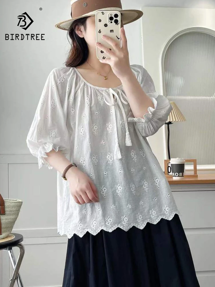 

Новая летняя женская хлопковая рубашка с коротким рукавом 2026 года, с вышивкой на круглом вырезе, в стиле Mori Girl, модная, в стиле преппи, тонкая свободная блузка INS T64718CC