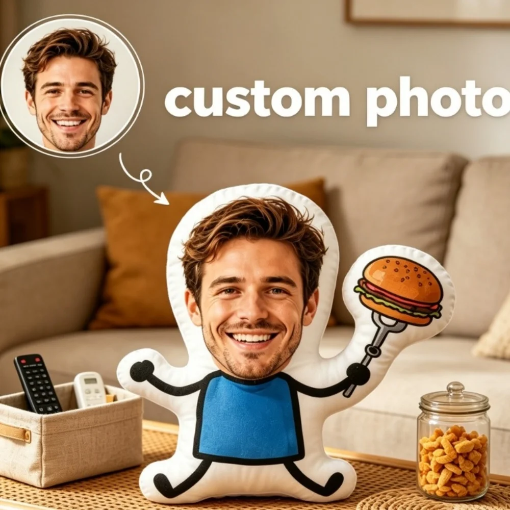 Personalized Custom Face-Shaped Pillow, Cartoon Character Holding a Burger, DIY Photo Doll, Unique Gift for Family, Friends, Loved Ones, Personalized Pillow with Your Photo for Father's Day, Mother's Day, Halloween, Christmas, Christmas Eve, Valentine's Day, Birthday, Personalized Anniversary, Thanksgiving, Easter, April Fool's Day, Carnival, National Day