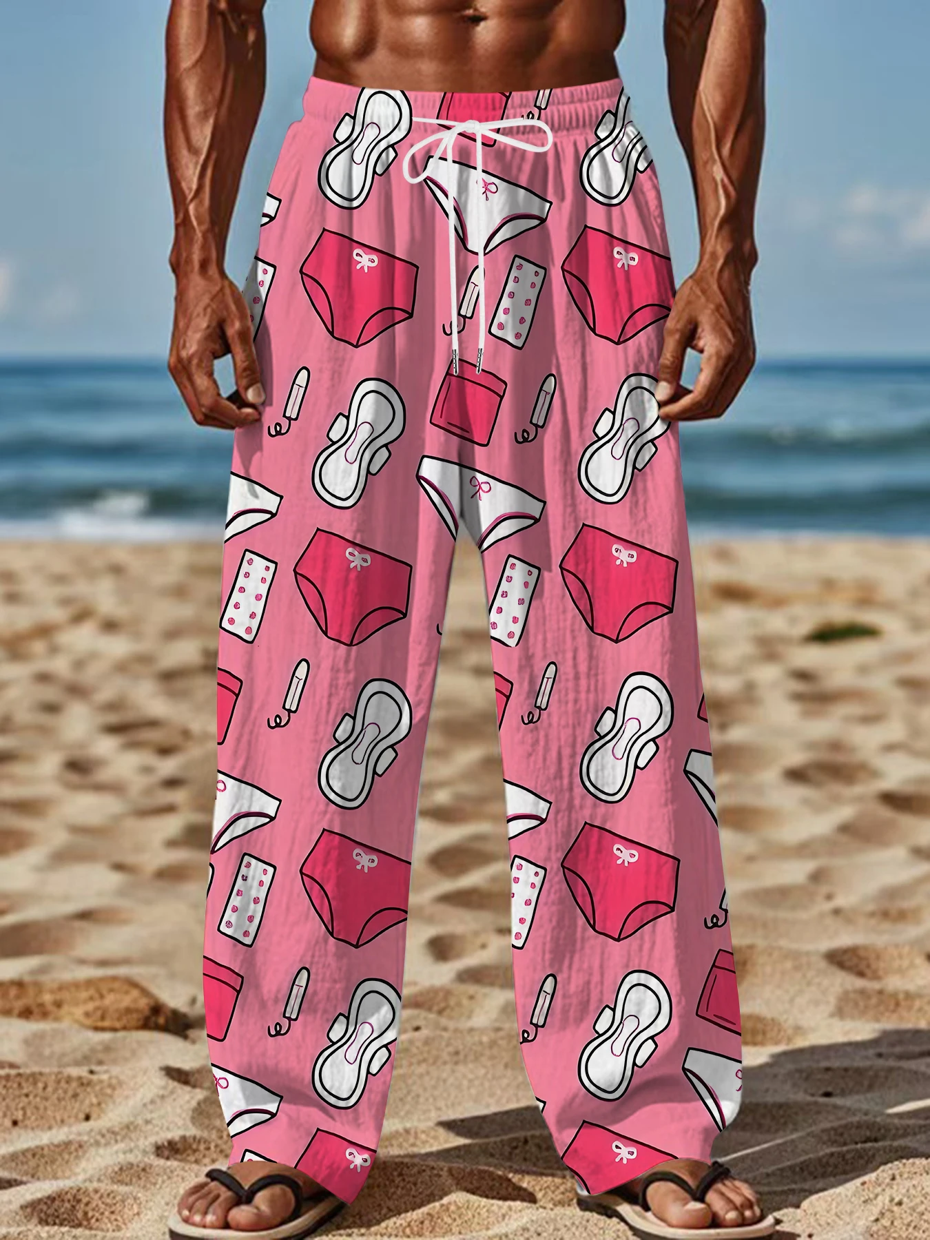 

2026 Men's Printed Straight Leg Pants Abstract Art Red Black Pattern Drawstring Waist Loose Fit Casual Summer Beach Fashion