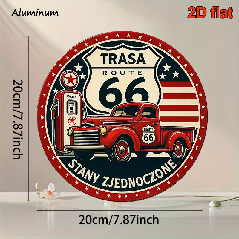 2D Flat, 1pc Vintage Route 66 Road Sign - Retro 1950s Pump & Classic Car Design - Heavy-Duty Aluminum Metal Plaque - 20.32x20.32