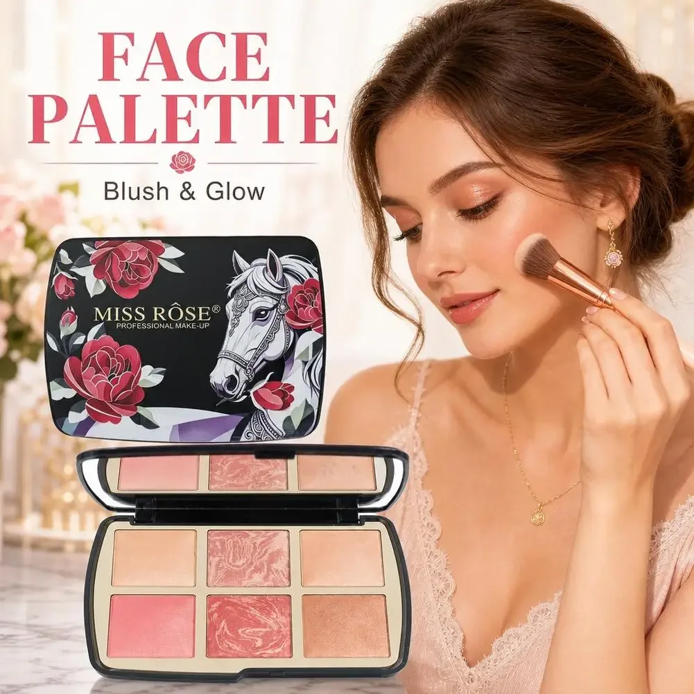 6 Color Swan White Horse Makeup Palette, Blush Highlight Contour Multi-Functional Face Cosmetic Compact
