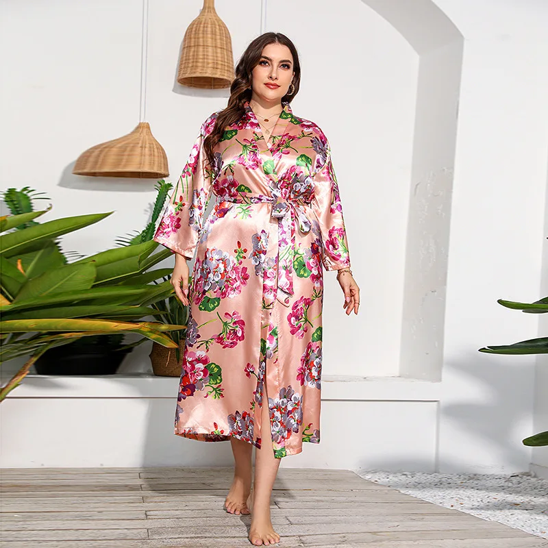 حجم كبير 3XL 4XL 5XL كيمونو Bathrobe ثوب فضفاض المنزل خلع الملابس المرأة ملابس خاصة مثير زهرة طباعة ثوب النوم رداء طويل الأكمام