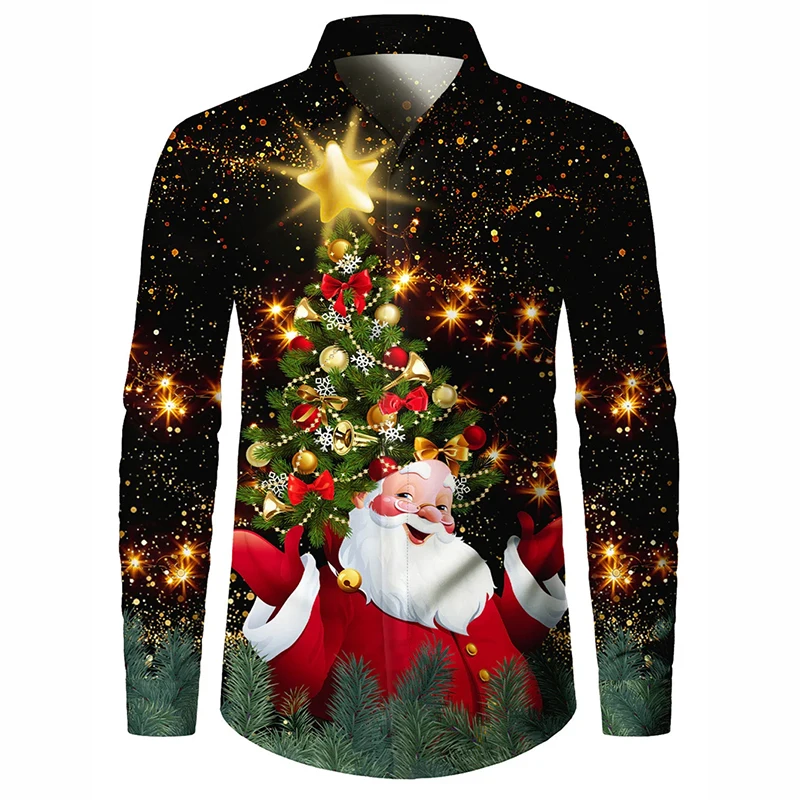 เสื้อเชิ้ตแขนยาวลายซานตาคลอสสุดฮาสำหรับเทศกาลคริสต์มาส เสื้อผ้าผู้ชายสำหรับงานปาร์ตี้ครอบครัว สไตล์ลำลอง ติดกระดุม แฟชั่นคริสต์มาส 2026