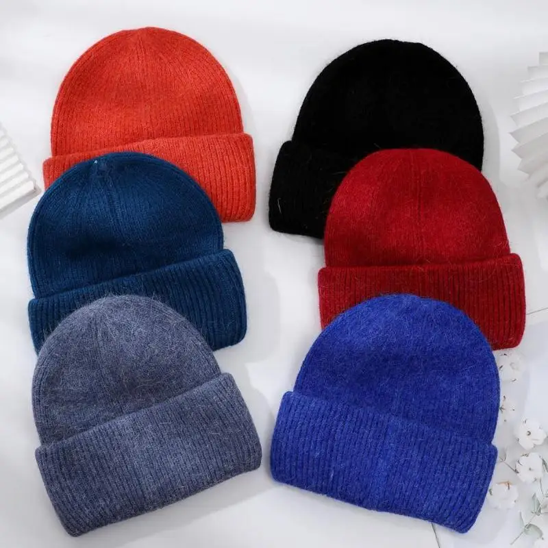 Kaninchen Fell Beanie Winter Hüte Für Frauen Wärme Candy Farbe Stricken Kappe Fsoft Plüsch Kaltes Wetter Hut Lose Fit Pullover Mützen