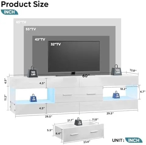 Black TV Stand for 55/60/65 Inch TV, High Gloss Modern TV Stand with Stone-Patterned Side Panels, LED Entertainment