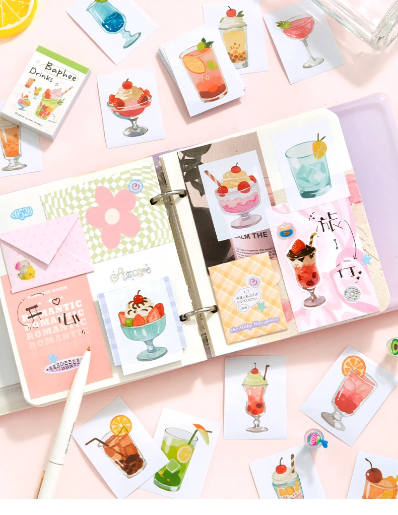 50 Stück Aquarell-Getränke-Kupferstich-Aufkleber, Sommer-Cocktail- und Dessert-Scrapbooking-Sticker – Detail 5