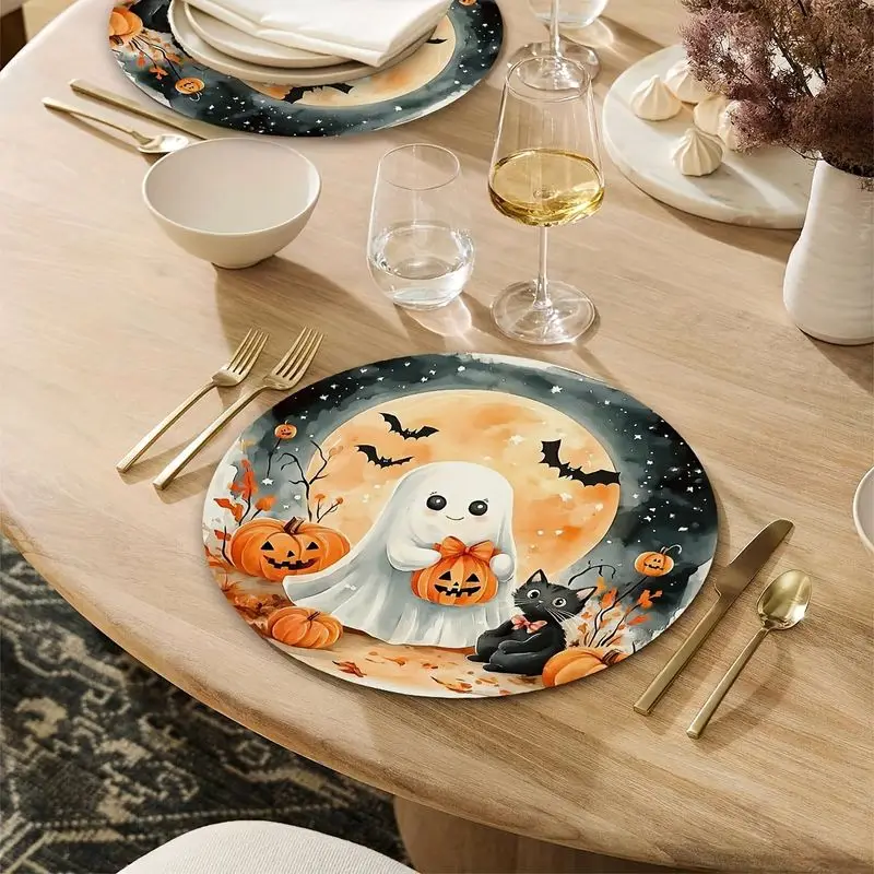 VIKAMA Watercolor Style Cute Ghost Black Cat Pumpkin Meal Mat Thermal Insulation Fabric Table Mat Warm Halloween Table Decor