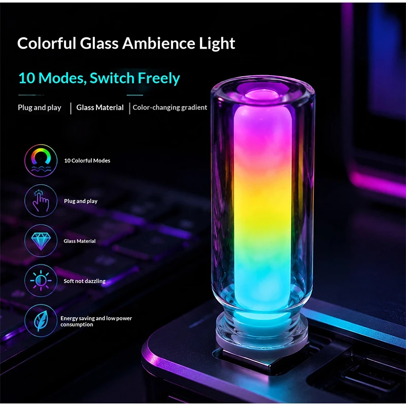 USB Glass Bottle RGB Ambient Light 10 Gradient Lighting Modes Switch Freely Gaming Room Bedroom Car Decor LED Atmosphere Lamp
