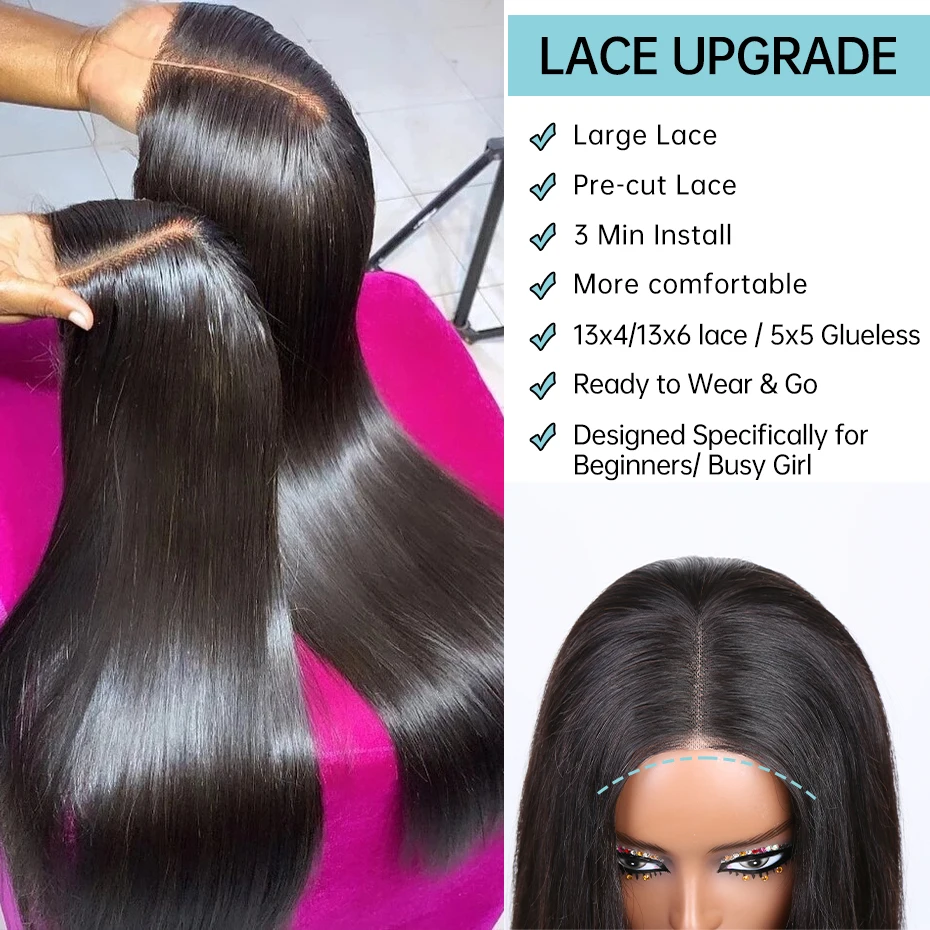 Osso Straight Lace Frontal Cabelo Humano Perucas, peruca transparente brasileira, peruca dianteira do laço Glueless, 5x5 Wear, 13x4 13x6, 36"