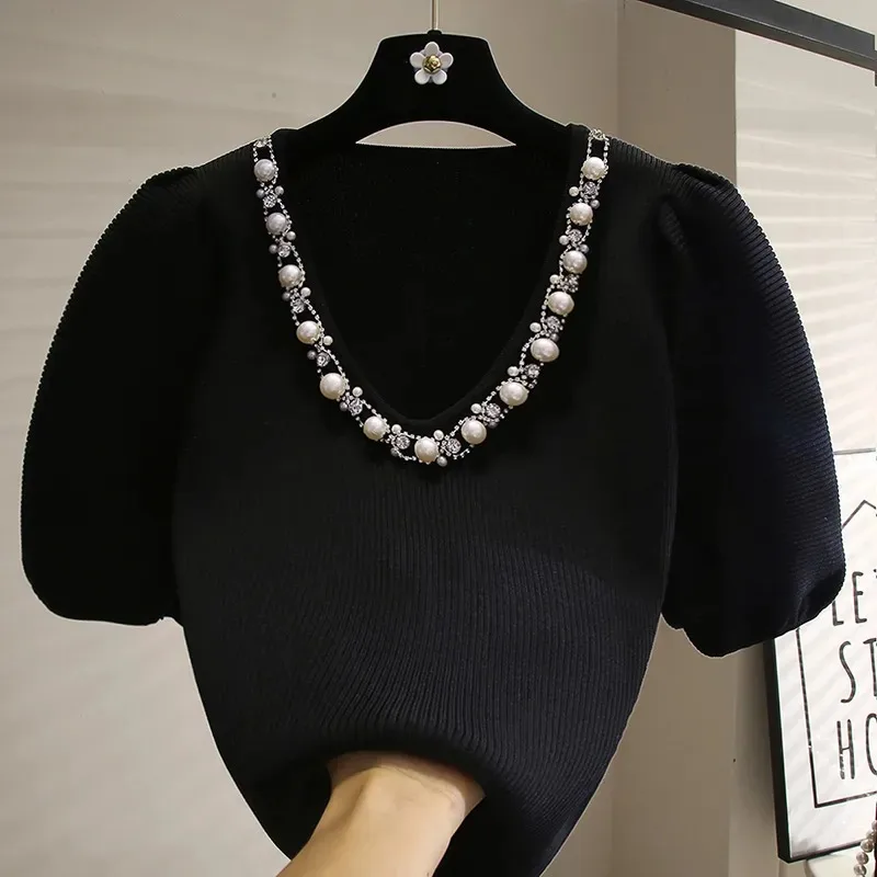 

Womens Black Ribbed Knit Half Sleeve Top V Neck Pearl Rhinestone Collar Casual Blouse