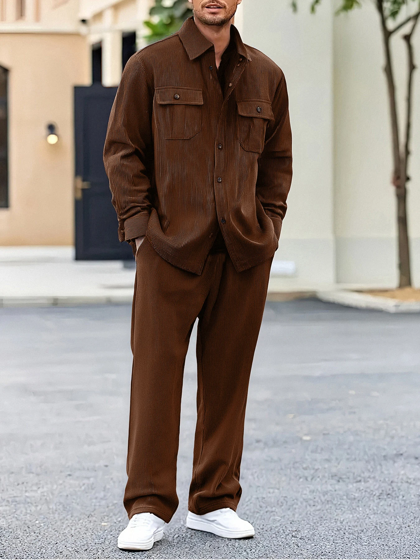 

Men's Vintage Textured Corduroy Set, Loose Fit Double Pocket Shirt & Elastic Waist Straight Pants