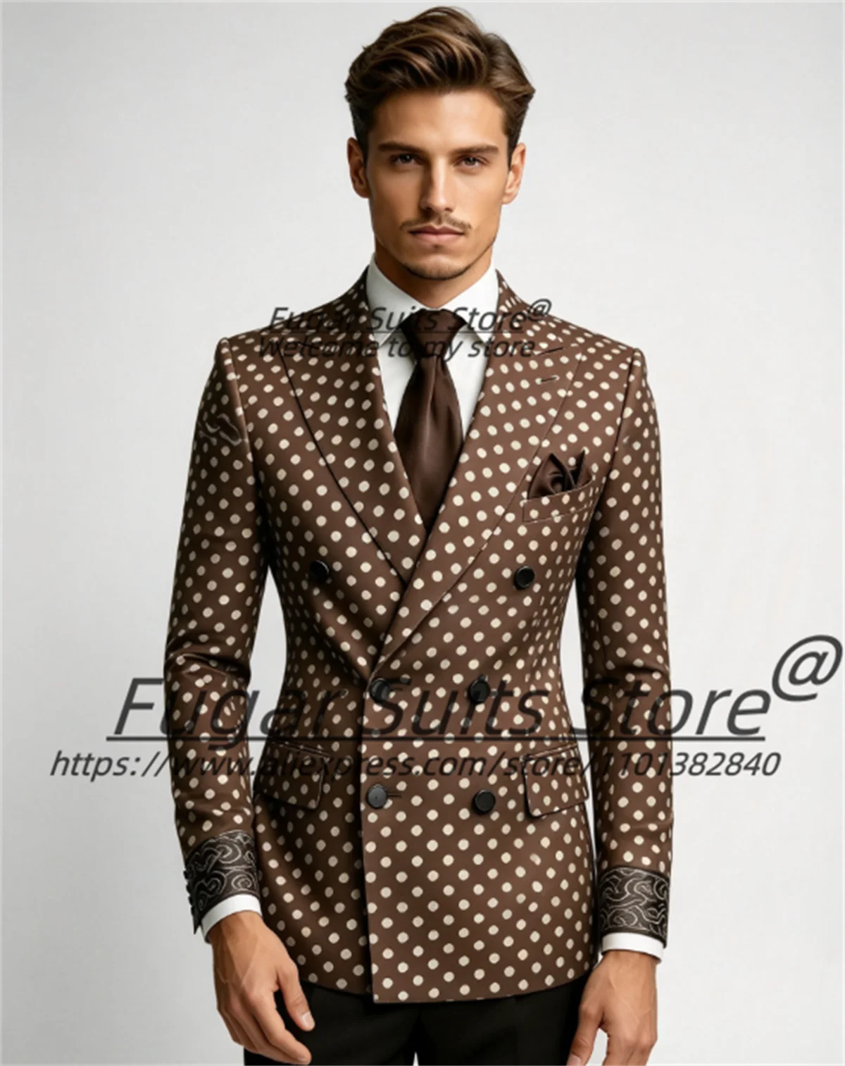 Customized Brown White Polka Dot Double Breasted Men Suits Slim Fit Groom Tuxedo 2 Pieces Sets Male Prom Blazers Ropa Hombre