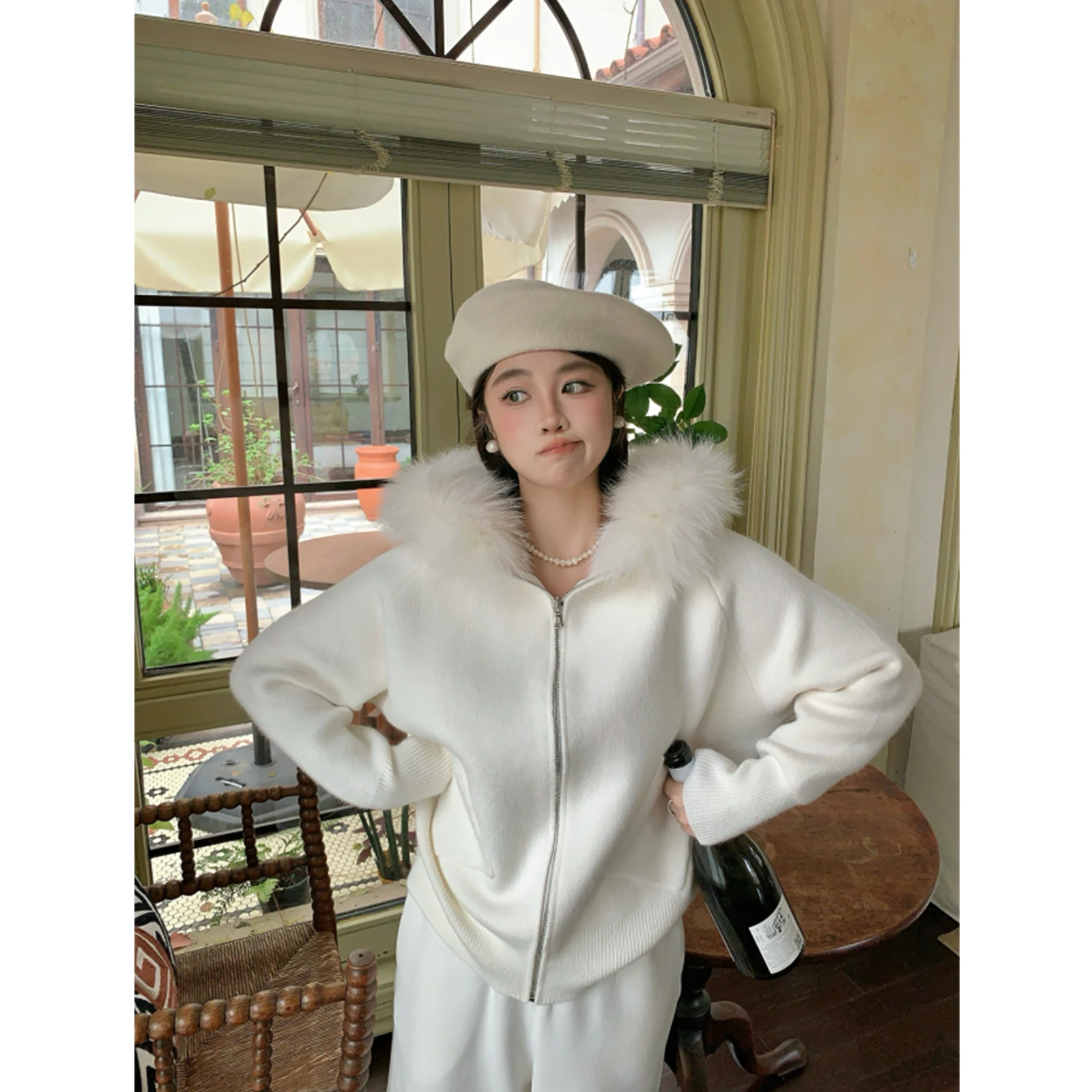 

Nursing Knitted Cardigan Hooded Sweater Milk White Fur Collar Women's Winter Faion Soft Acrylic Wool Blend Outerwear