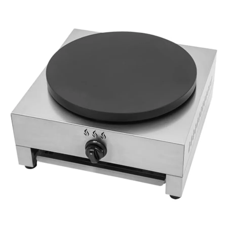 

Commercial 16-inch LP gas crepe maker with nonstick round hotplate: stainless steel, black, fast heating and even temperature c