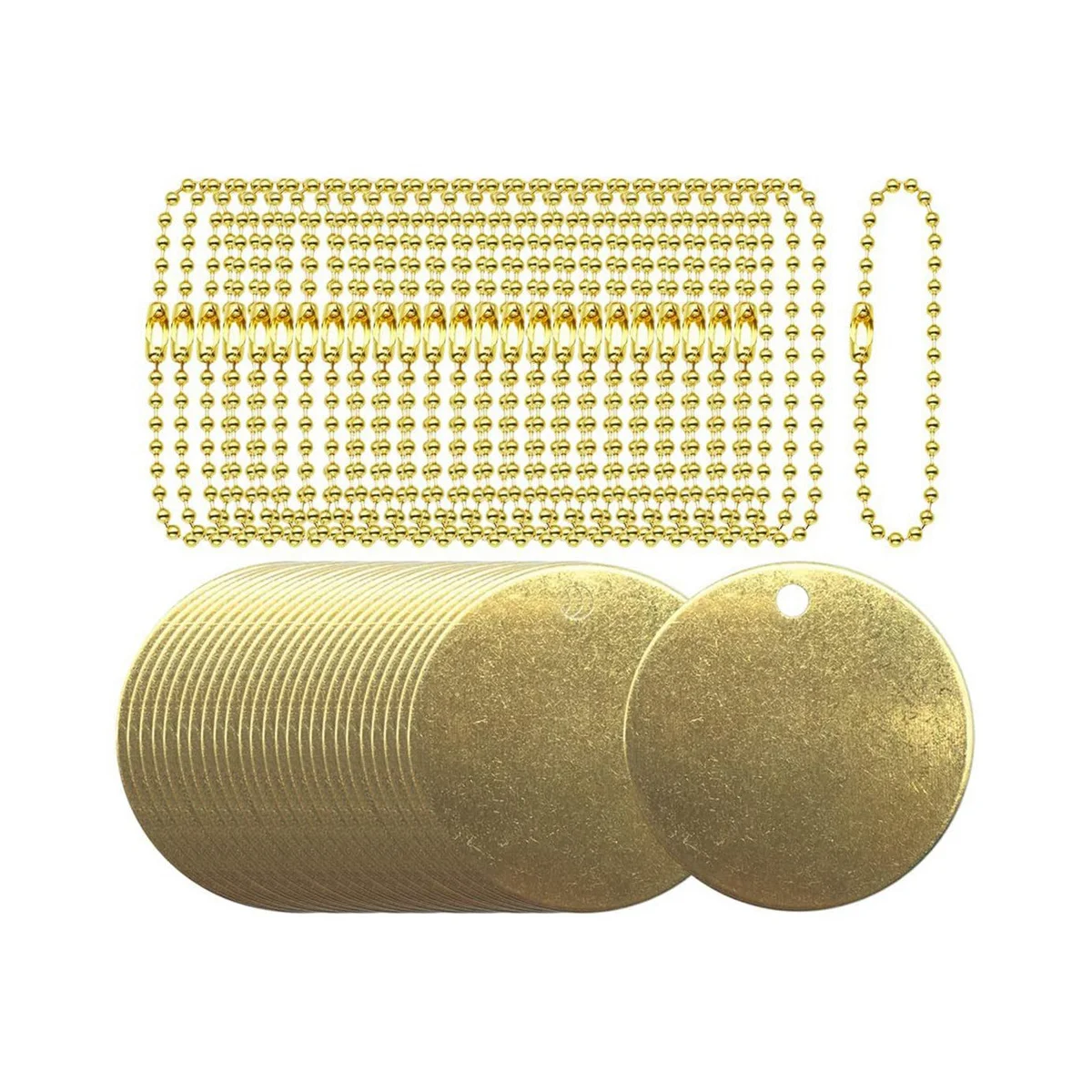 50Pcs 1Inch Brass Valve Tags Stamping Blank with Hole 2.4mm Ball Chains for Pipe Valves,Equipment,Tool Keys Labeling