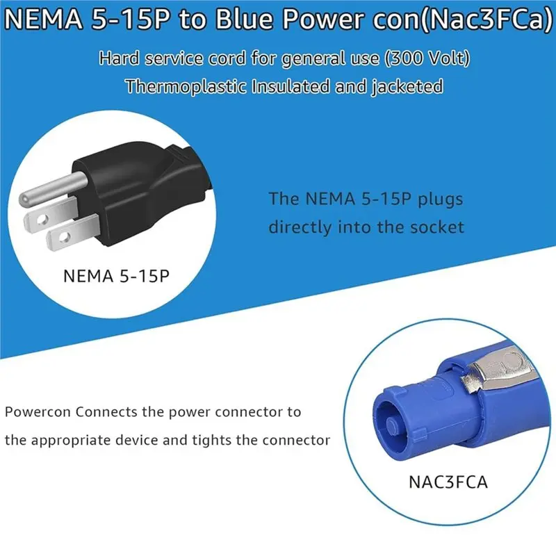 AA51 Powercon Input Connector 3 Pin 3-Prong NEMA 5-15P To Powercon Cable 20A 16AWG NEMA 5-15P Power Supply Cord US Plug