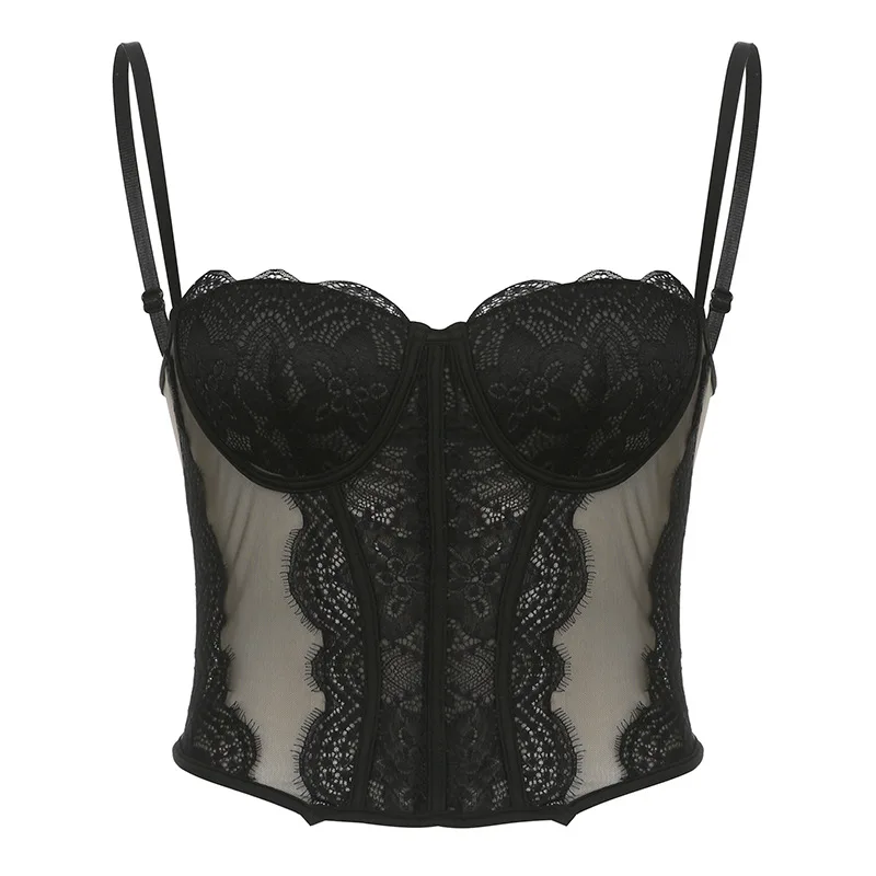 Seksowny, mocny gorset z koronki, top damski, kamizelka, pojedynczy element, jednolity kolor, odzież klubowa, koszulka, włókno octanowe