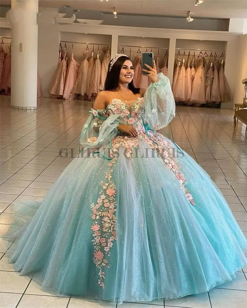 

niebieska suknia balowa z odkrytymi ramionami, zroszony, kolorowe aplikacje, sukienka na quinceanera, księżniczka Sweet 16, Vestidos De 15 Años 2022