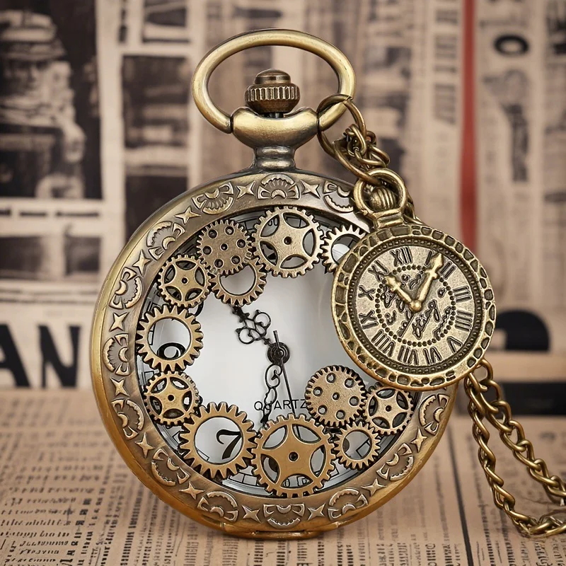 Vintage Gear Compass Pocket Watch Charm Bronze Steampunk Quartz Necklace Watch Men Women Fashion Antique Pocket Clock Gifts