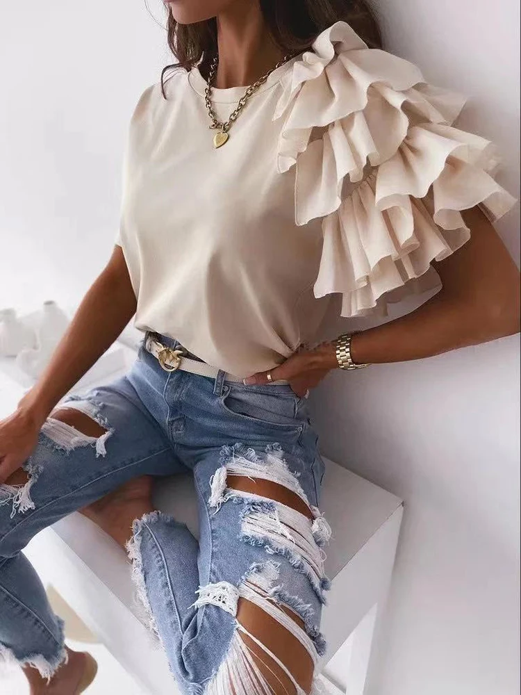 Women Summer Ruffles Short Sleeve Loose T Shirt Chic Elegant Solid O Neck Tops Casual Simple All Match Tee Streetwear Blouse