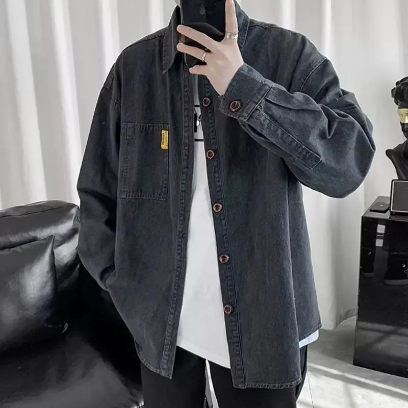 

Retro American Washed Denim Shirt Men's Korean Style Trendy Loose Workwear Casual Thin Outerwear for Couples Youth Fashion