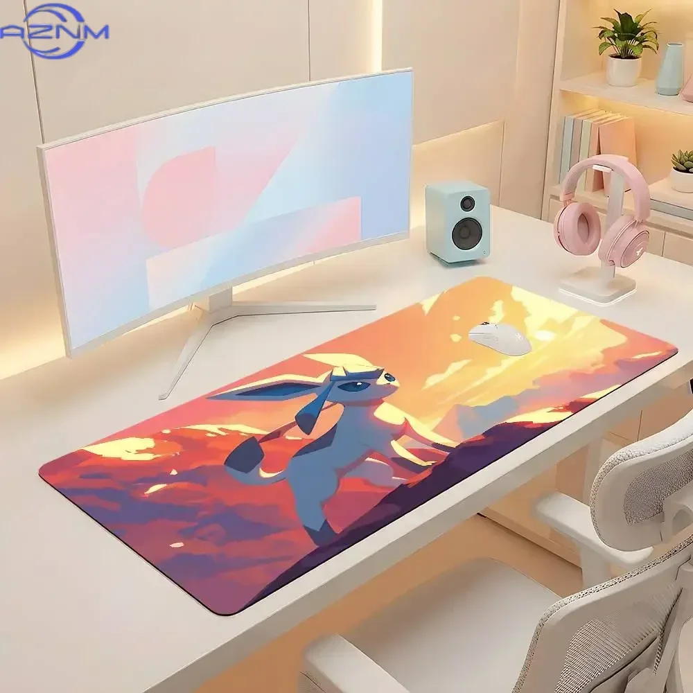 Rubber Mouse Pad Anime Glaceon Sunset Landscape Pattern Anti-Slip Gaming Desk Mat Stitched Edge Desktop Mat for Office and Game