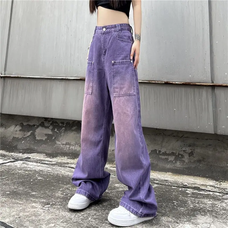 Imagem -02 - Street Button High Waist Gradient Color Wide Leg Pants Moda Versátil e Solta Montagem Mais de um Bolso Womens Novidades Jeans