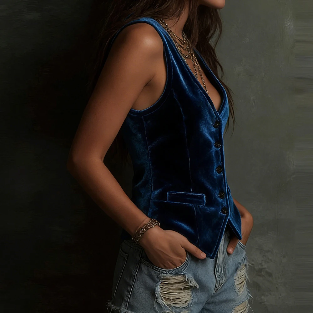 Retro Velvet Vest for Women Featuring Sleeveless Construction V Neck and Slim Fit Cut for Office and Street Fashion