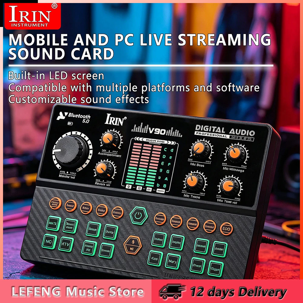 

IRIN V90 Sound Card Audio Mixer with Voice Changer Podcast Mixer Mobile Game K-Singing Recording Studio Live Podcast Sound Card