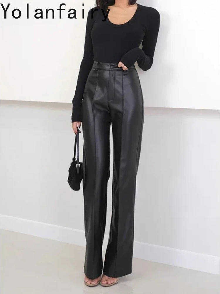 

Leather Mopping Pants For Women 2024 Classic Female Straight Pipeline Suit Taller Trousers Mujer Long Legs Casual Slim Pantalons