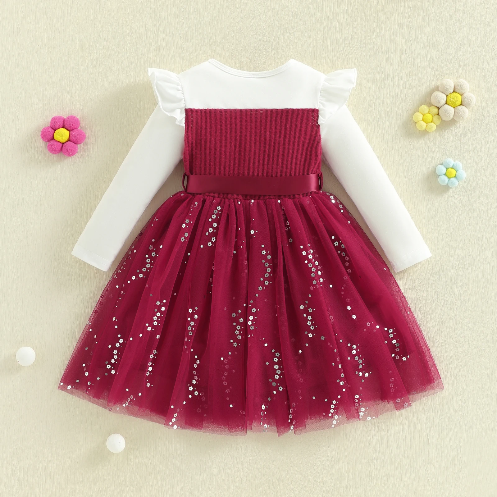 4-10y Kids Girls Princess Mesh Lace Dress Long Sleeve Crew Neck Sequined A-line Party Dress Fall Winter Casual Dress