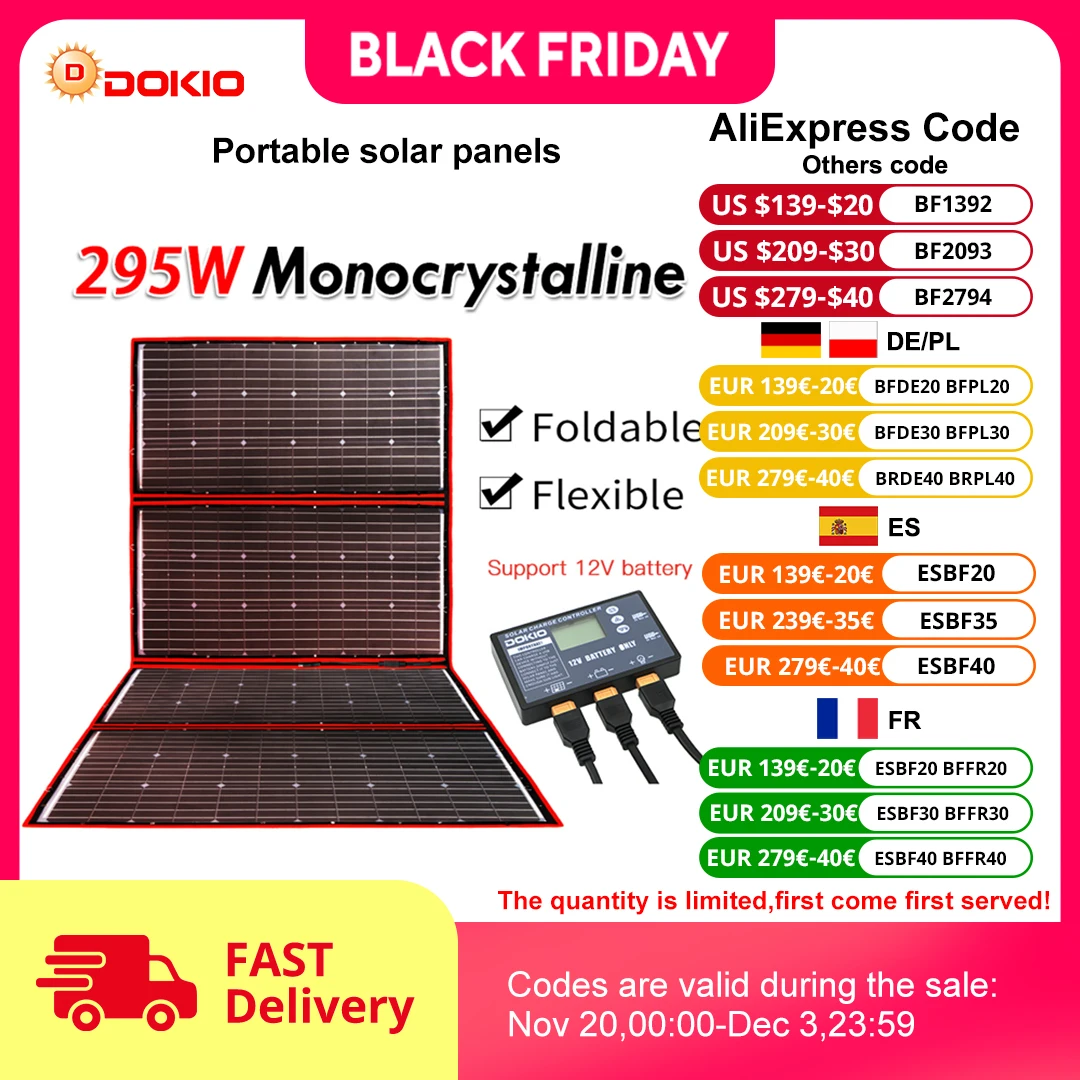 Dokio 295W 18V Flexibel Zonnepaneel Draagbare Outdoor Opvouwbare Zonnepaneel Voor Kamperen/Boot/Rv/Reizen/Thuis/Auto Zonnepaneel Kits