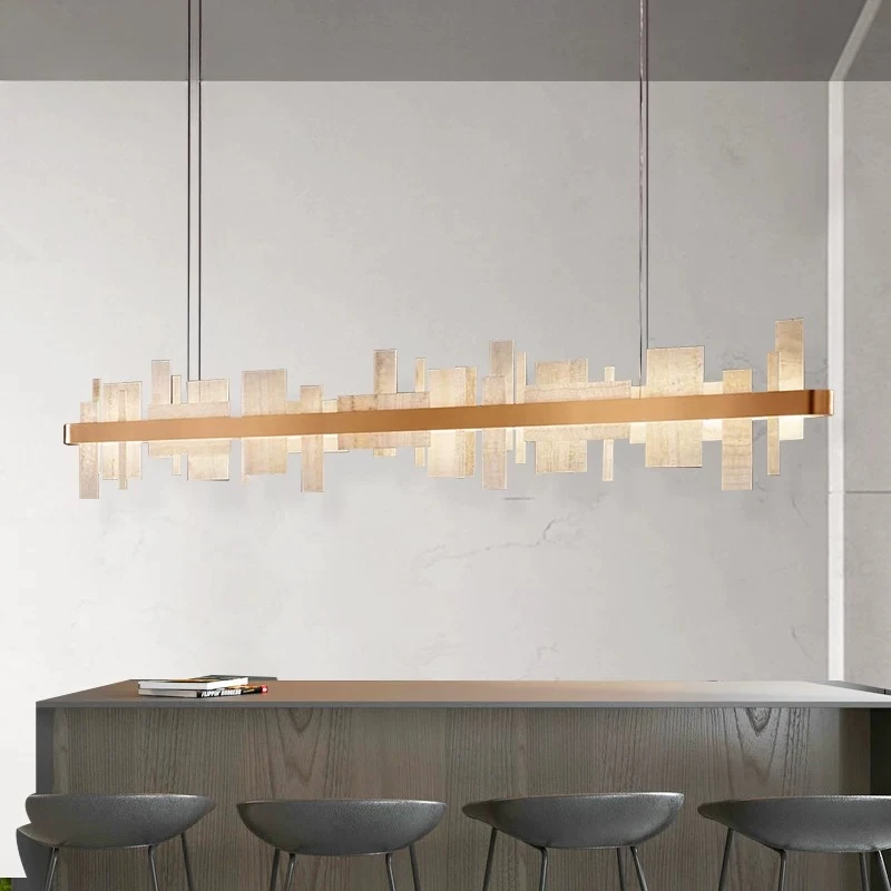 Modern Linear Alabaster Chandelier Gold Frame LED Pendant Light Abstract Art Deco Hanging Lamp for Kitchen Island  Dining