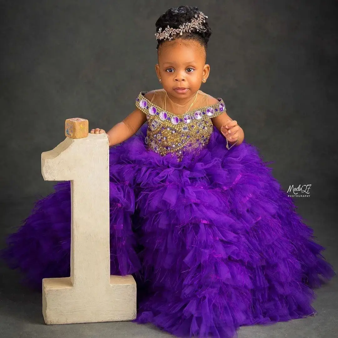 Purple Little Girls Birthday Dress Customized Feather Flower Girl Dresses Communion Gowns Tiered Tulle Queen for Photoshoot